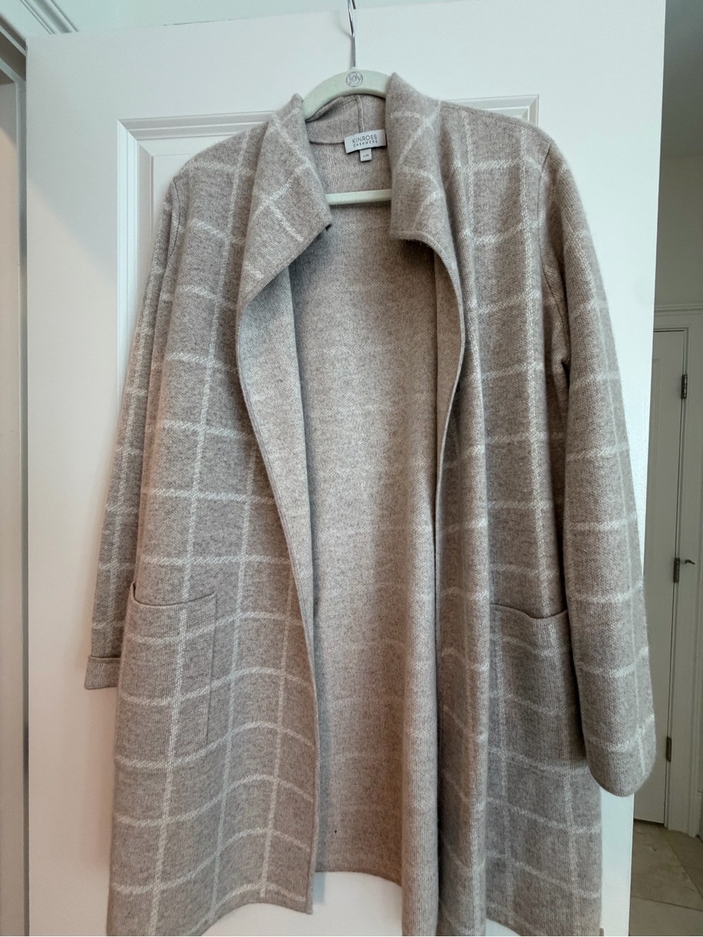 Cashmere Taupe Windowpane Open Cardigan Sweater